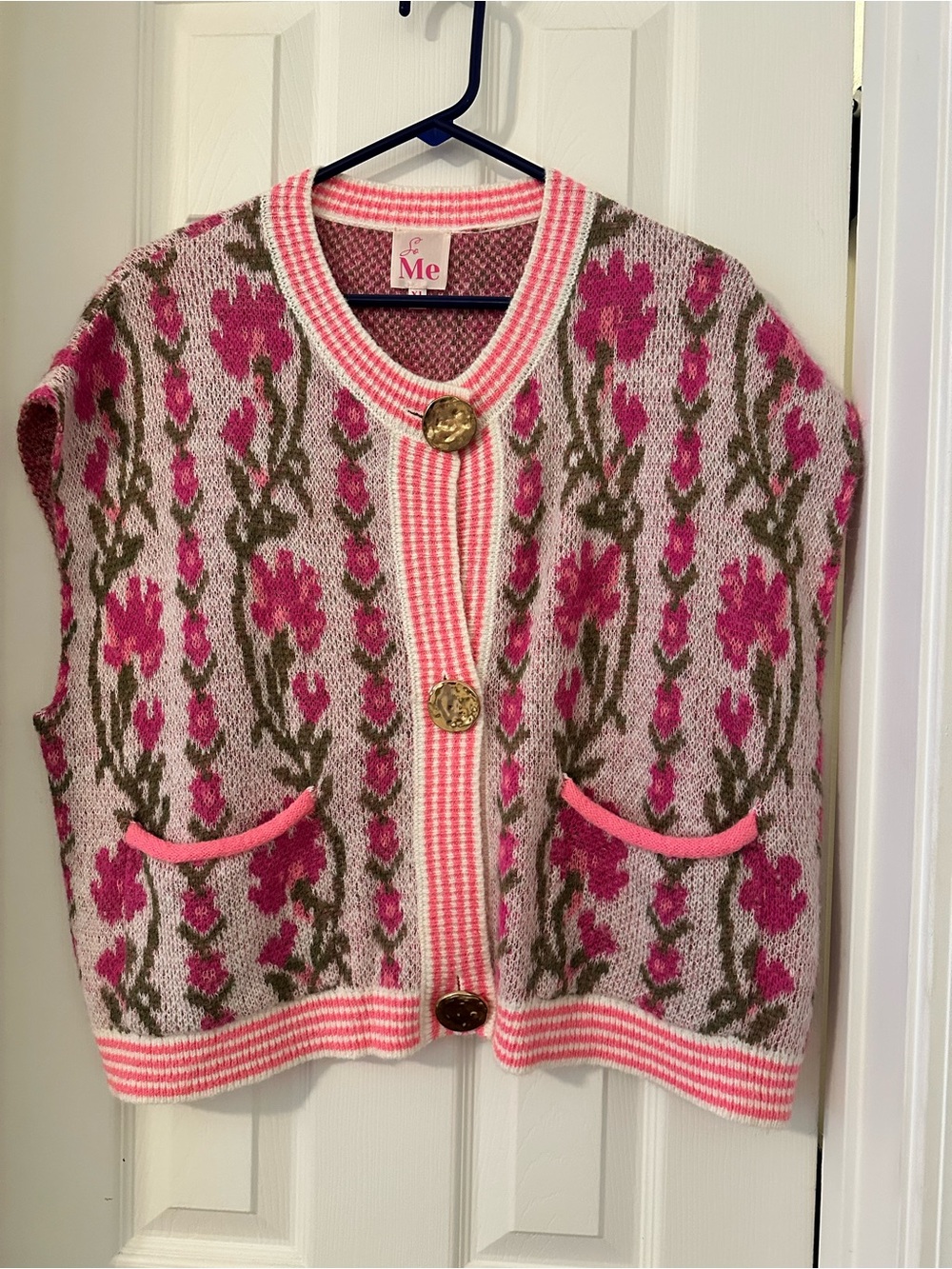 So Me Pink Floral Knit Cardigan Vest with Gold Buttons